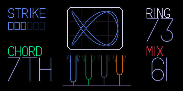 BELL screen with a looping scope pattern and four tuning forks