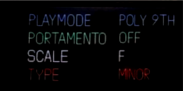 Play-mode screen on the OP-1 reading POLY 9TH, scale F minor