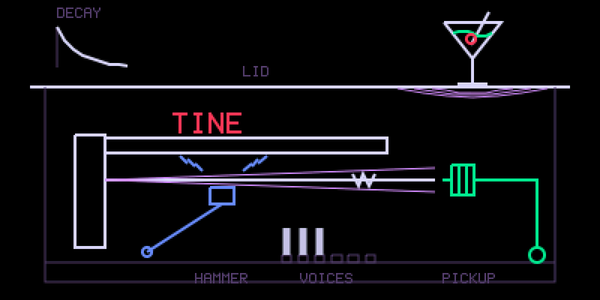 KEYS engine screen: the tine action under a lid with a martini on top