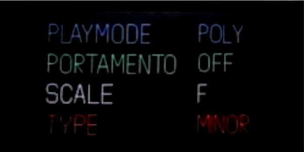 Play-mode screen on the OP-1 with SCALE F and TYPE MINOR