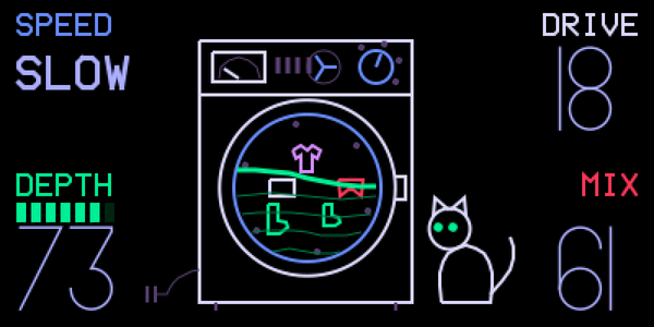SPIN CYCLE rotary screen: a washing machine with a cat watching